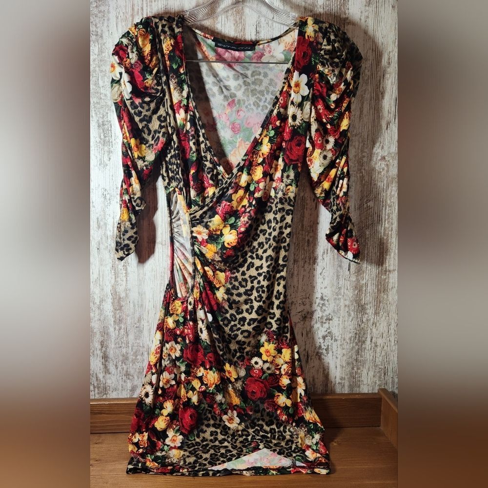 Symphony Vibrant Floral and Leopard Mini Dress Open Side Ruched Long Sleeves